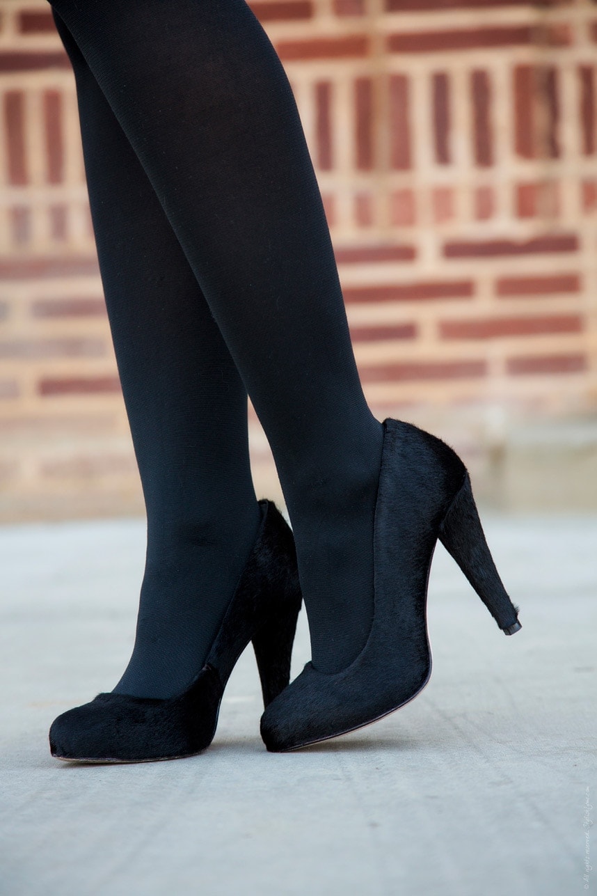 Black Calf Hair Pumps Black Tights - Stylishlyme