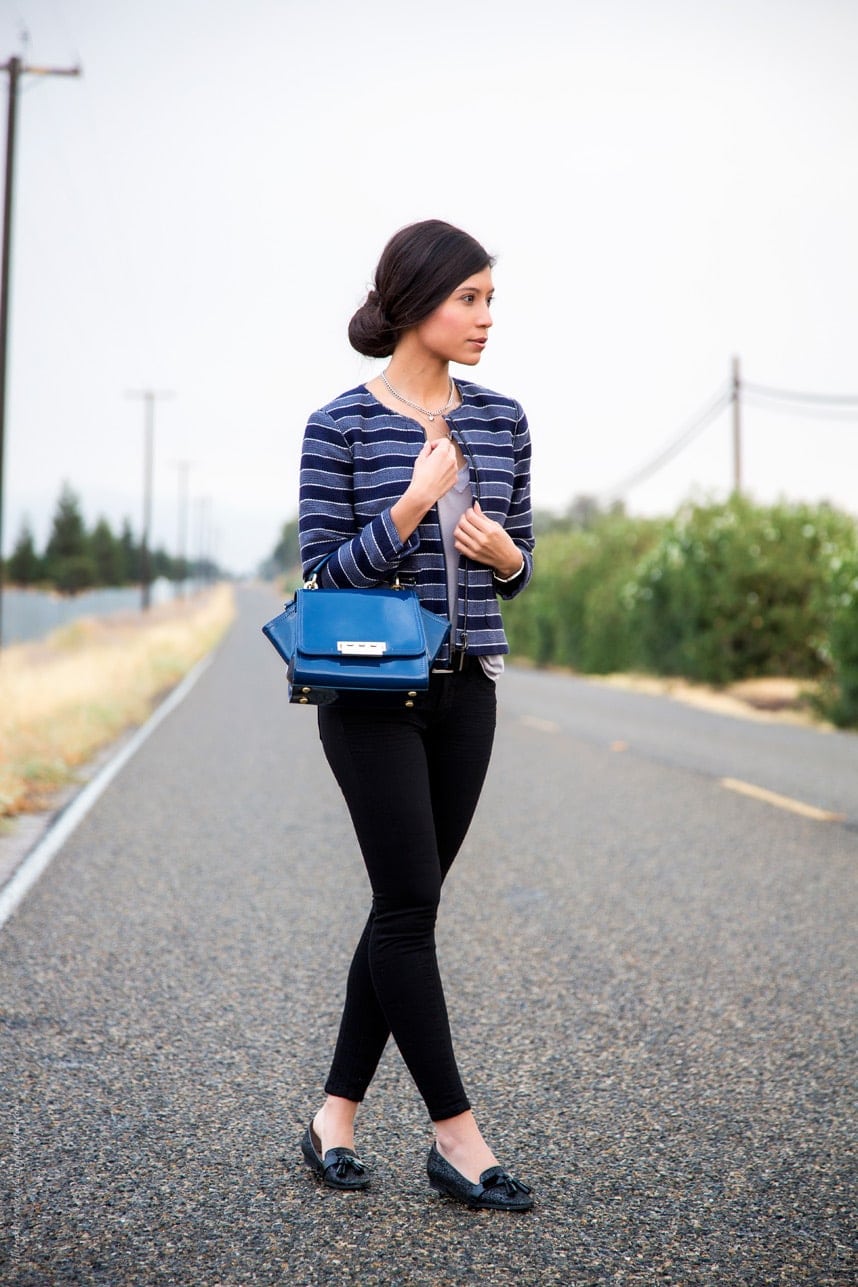 Blue Striped collarless blazer - Visit Stylishlyme.com for more outfit photos and style tips