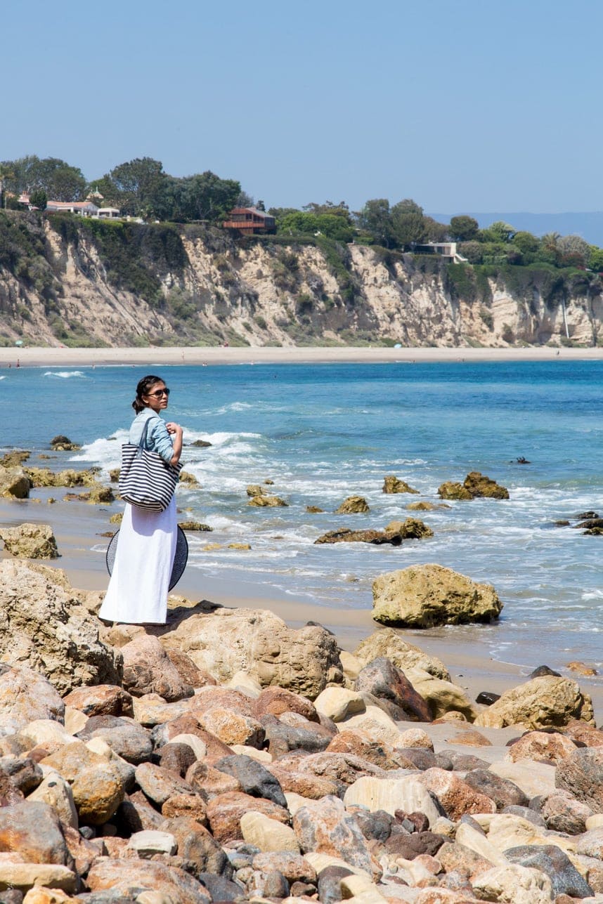 Blue and White summer beach outfit - maxi dress and denim jacket - stylishlyme.com