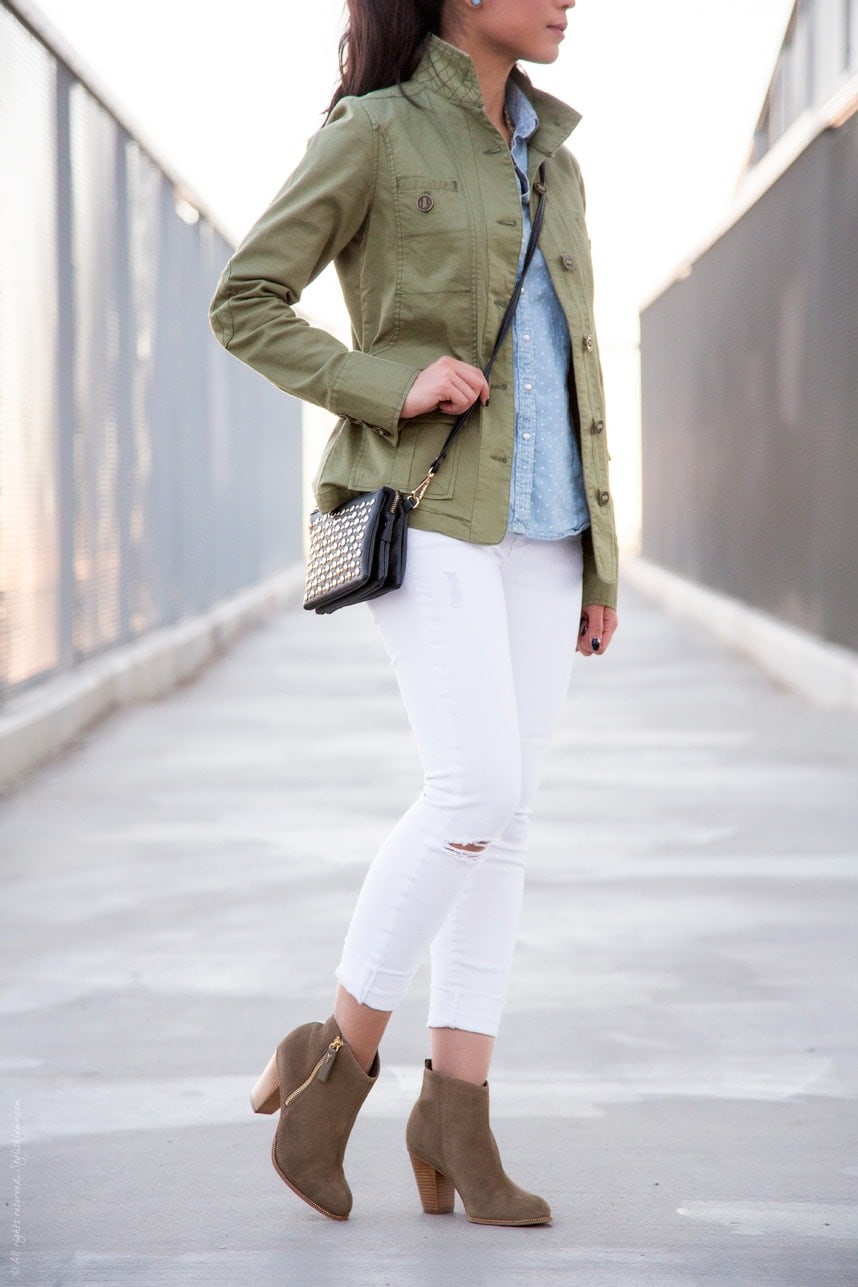 Boots, Military jacket and white jeans - Visit Stylishlyme.com for more outfit inspiration and style tips