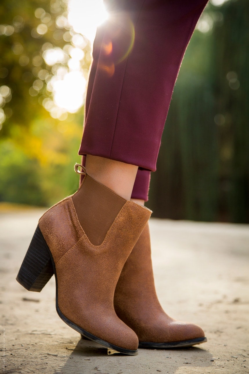 Burgundy Pants and Brown Booties - Stylishlyme