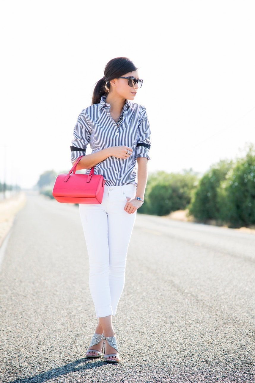 A chic way to wear a striped button down shirt - Visit Stylishlyme.com for more outfit photos and style tips