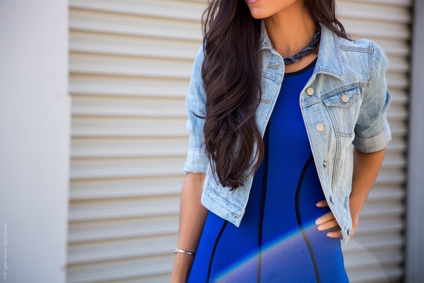 Blue Cropped Denim Jacket With Blue Skater Dress - Stylishlyme.com