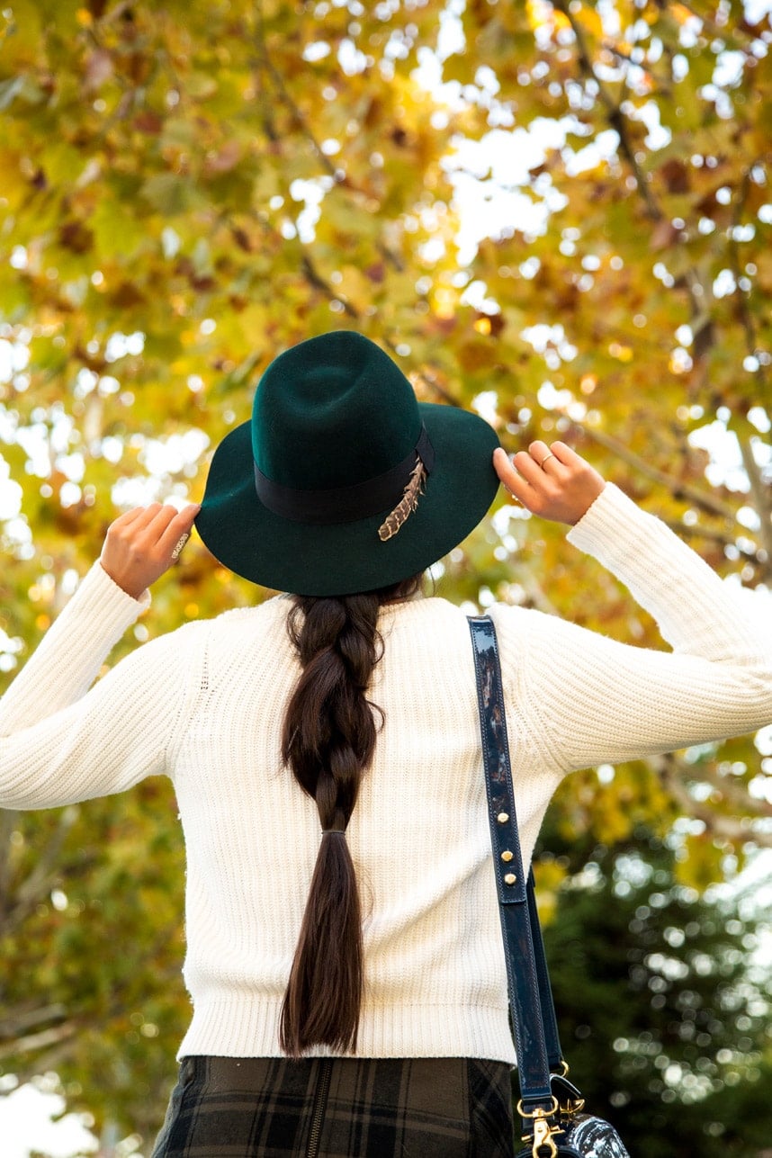 Fall hat with Braid- Visit Stylishlyme.com to read tips on shopping for over the knee boots and how to wear them