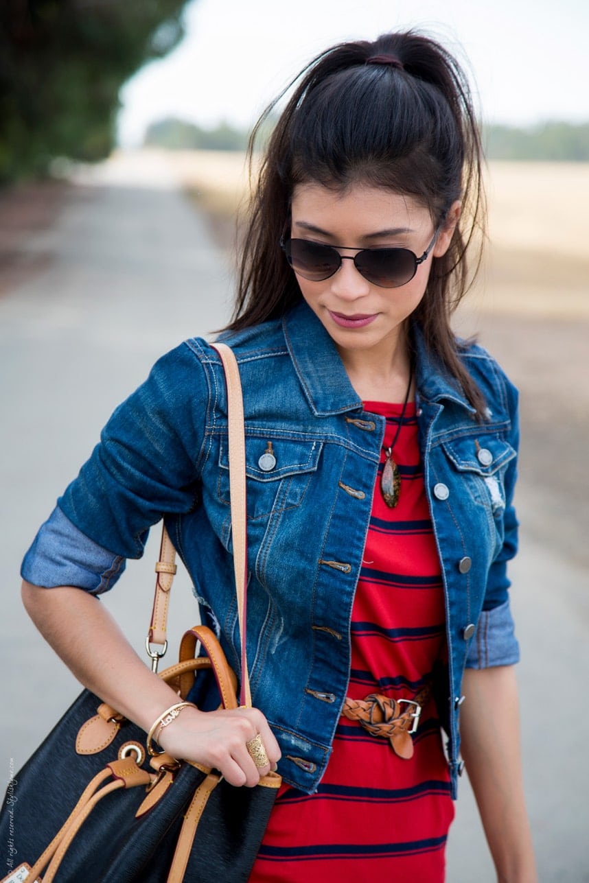 Fall striped dress and denim jacket - Visit Stylishlyme.com for more outfit inspiration and style tips