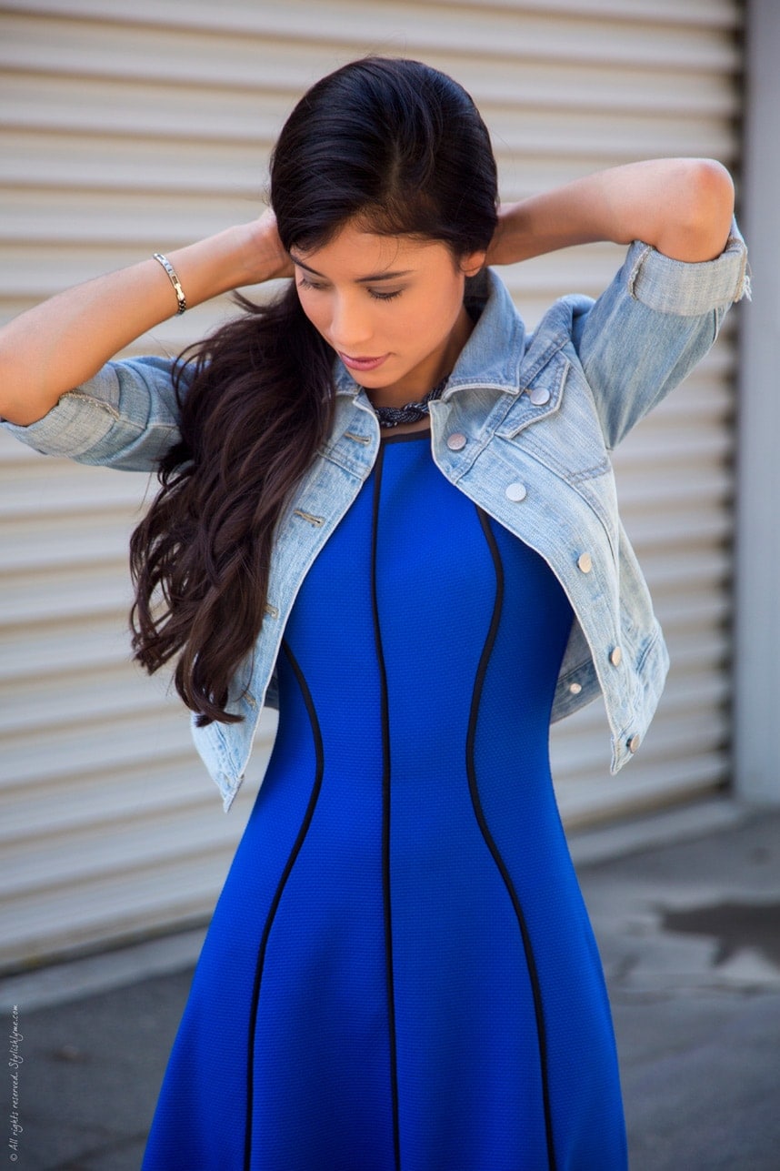 Cropped Denim Jacket paired with Fitted Blue Skater Dress - Stylishlyme.com