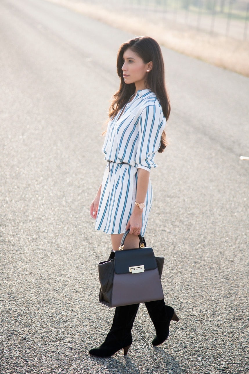 How to Wear a Shirt Dress and Thigh High Boots - Visit Stylishlyme.com for more outfit inspiration and style tips