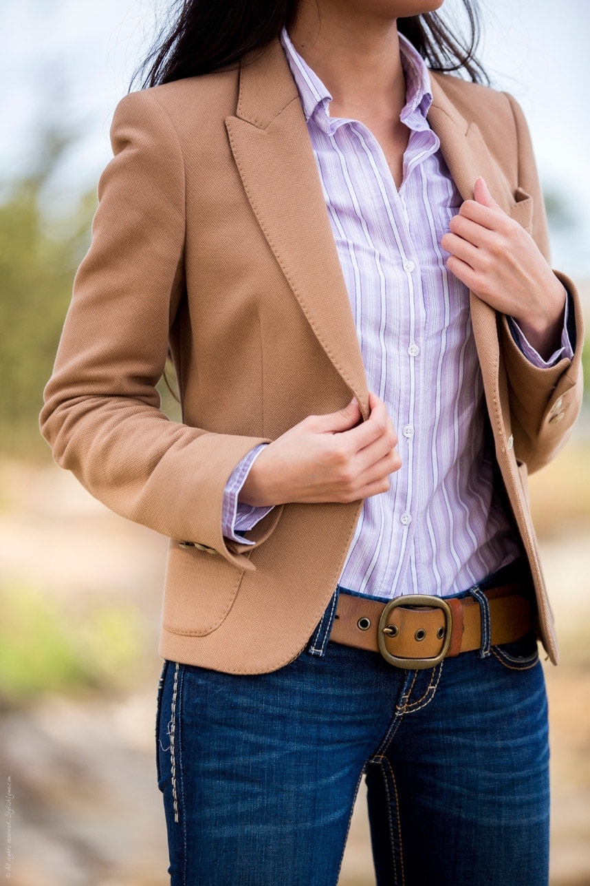 Lilac Striped Shirt Tan Blazer - Stylishlyme