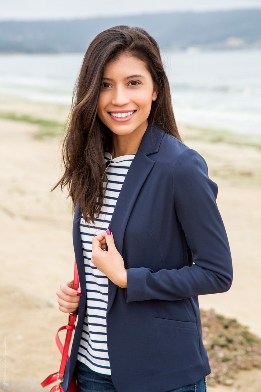 Navy blazer and striped shirt- Visit Stylishlyme.com for more outfit photos and style tips