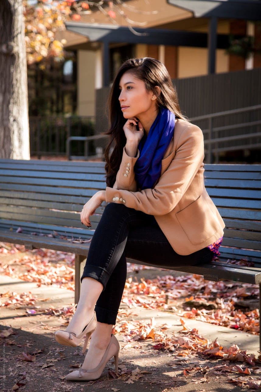 Purple Scarf Tan Jacket - Stylishlyme