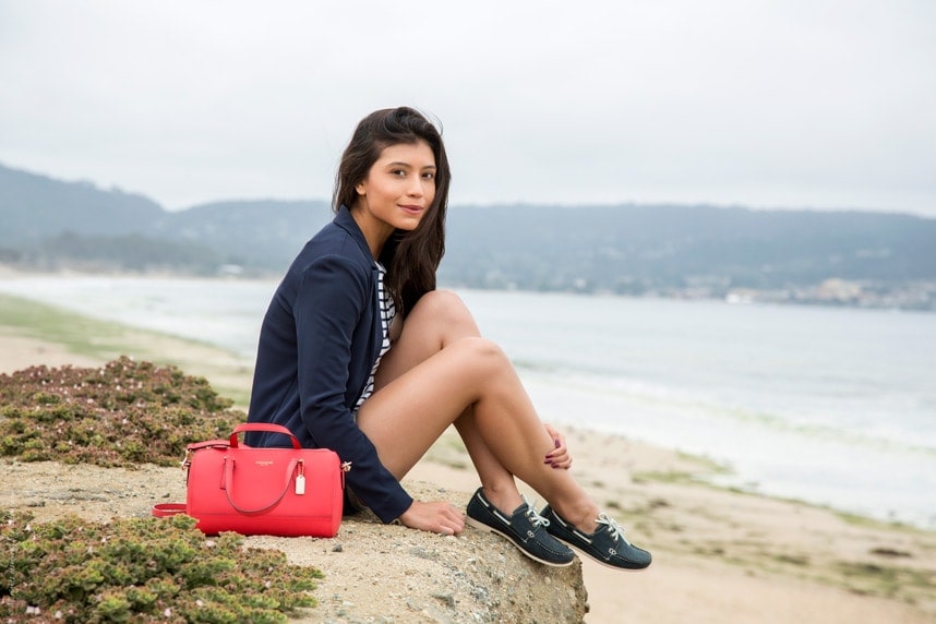 Red handbag, navy blazer and nautical stripes- Visit Stylishlyme.com for more outfit photos and style tips