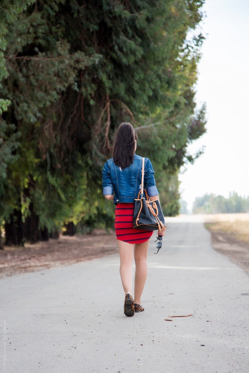 Red Striped Dress and Denim Jacket for fall - Visit Stylishlyme.com for more outfit inspiration and style tips