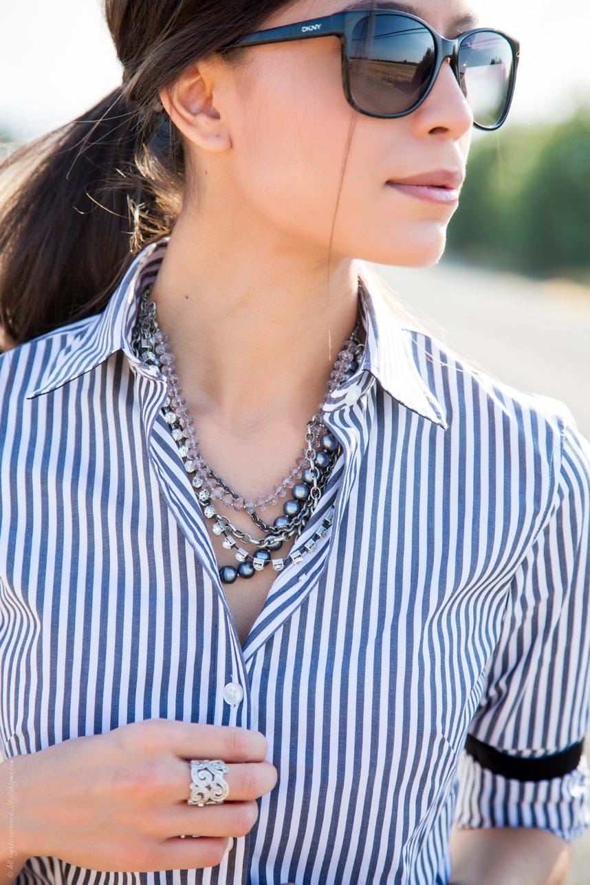 Silver accessories and striped collared shirt - Visit Stylishlyme.com for more outfit photos and style tips