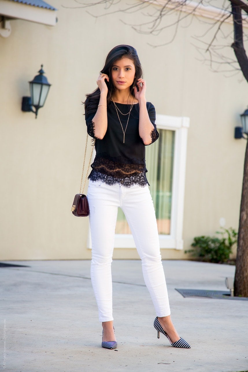 what to wear with white jeans - A dress up look that you can wear for an evening out - find out more on styishlyme.com