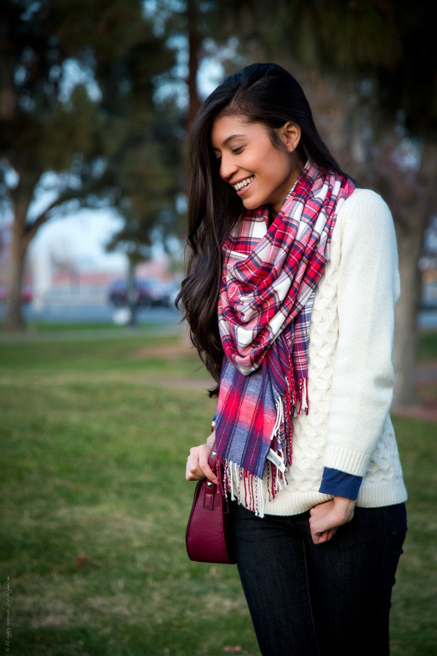 White Cozy Sweater Plaid Scarf - Stylishlyme