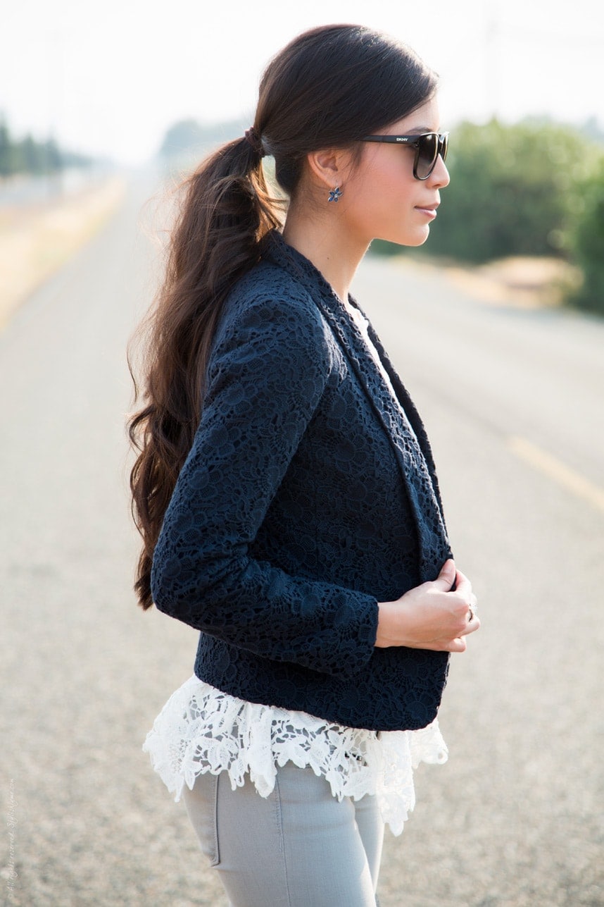 White lace blouse with blue lace blouse - Visit Stylishlyme.com for more outfit photos and style tips