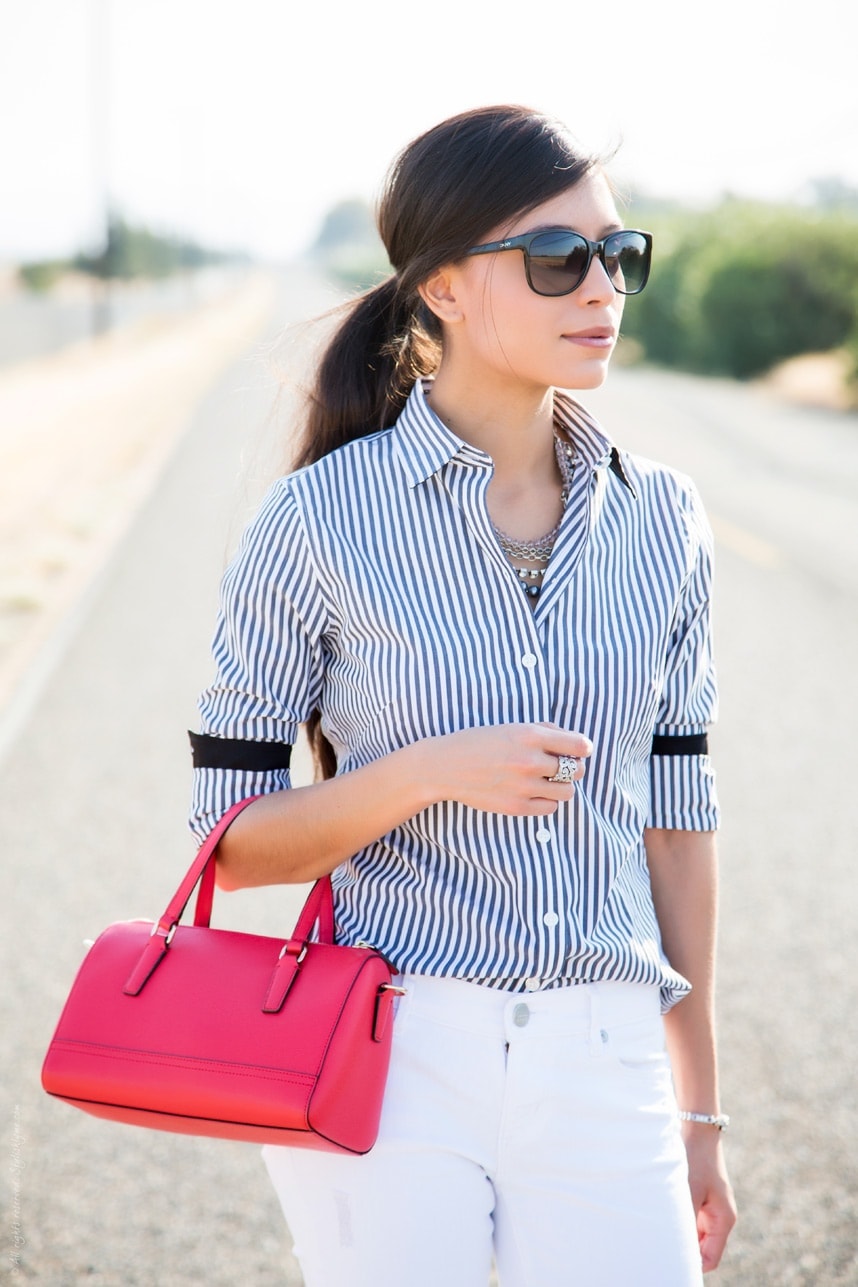 How to style a bold striped shirt and white jeans in an outfit - Visit Stylishlyme.com for more outfit photos and style tips