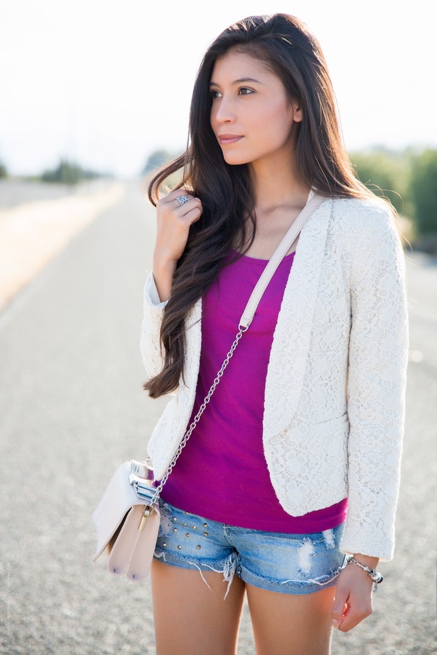 White Lace Jacket with Distressed Denim Shorts - Visit Stylishlyme.com for more photos and style tips