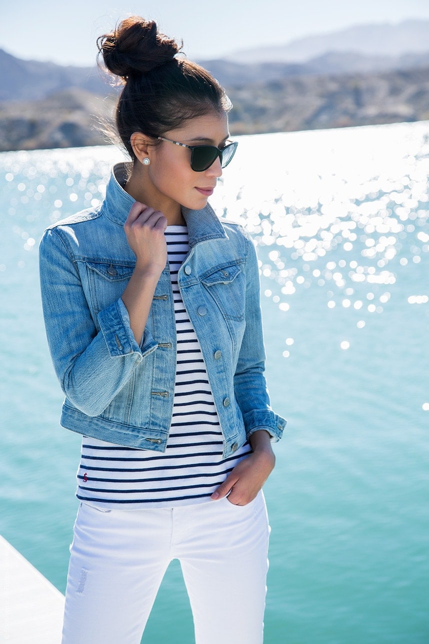 blue denim jacket and white denim jeans outfit