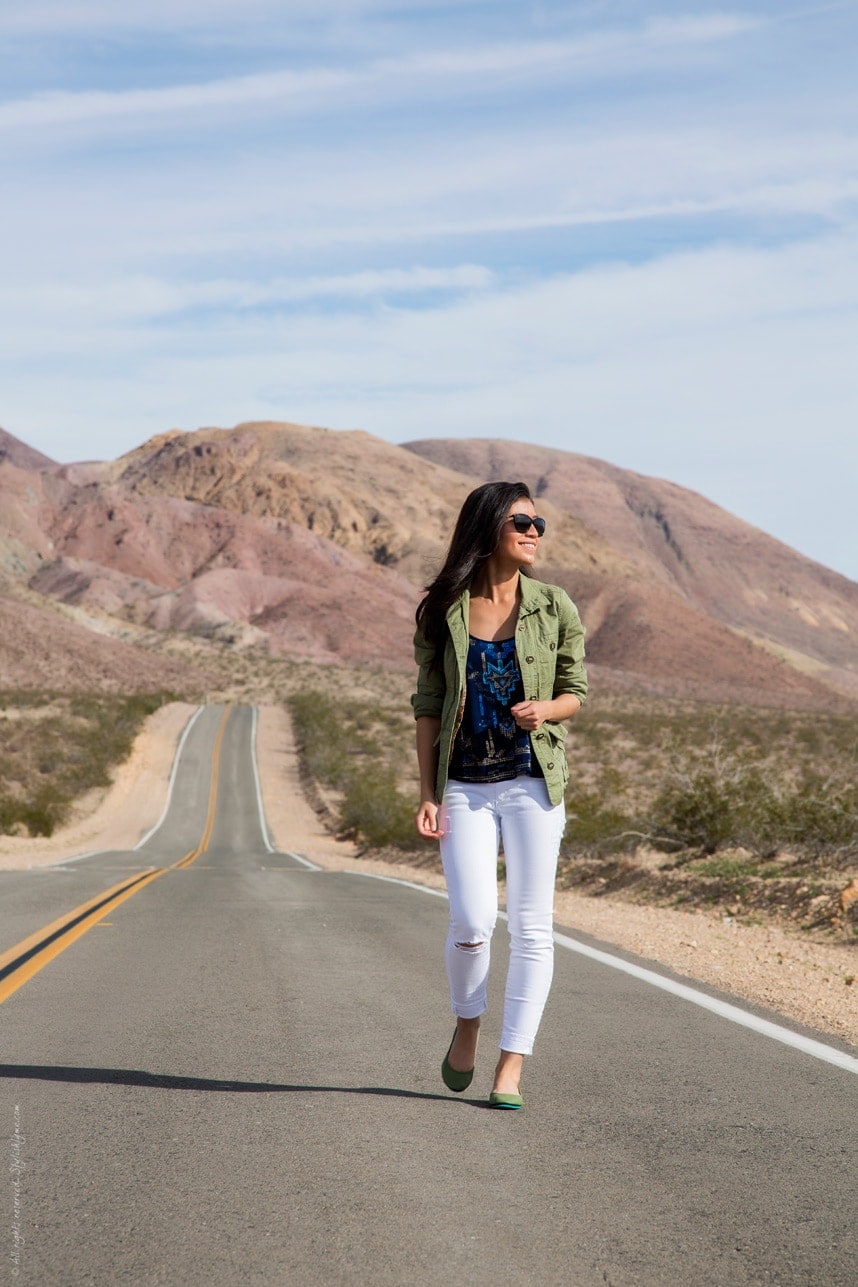 blue tank and olive green military jacket - Stylishlyme.com