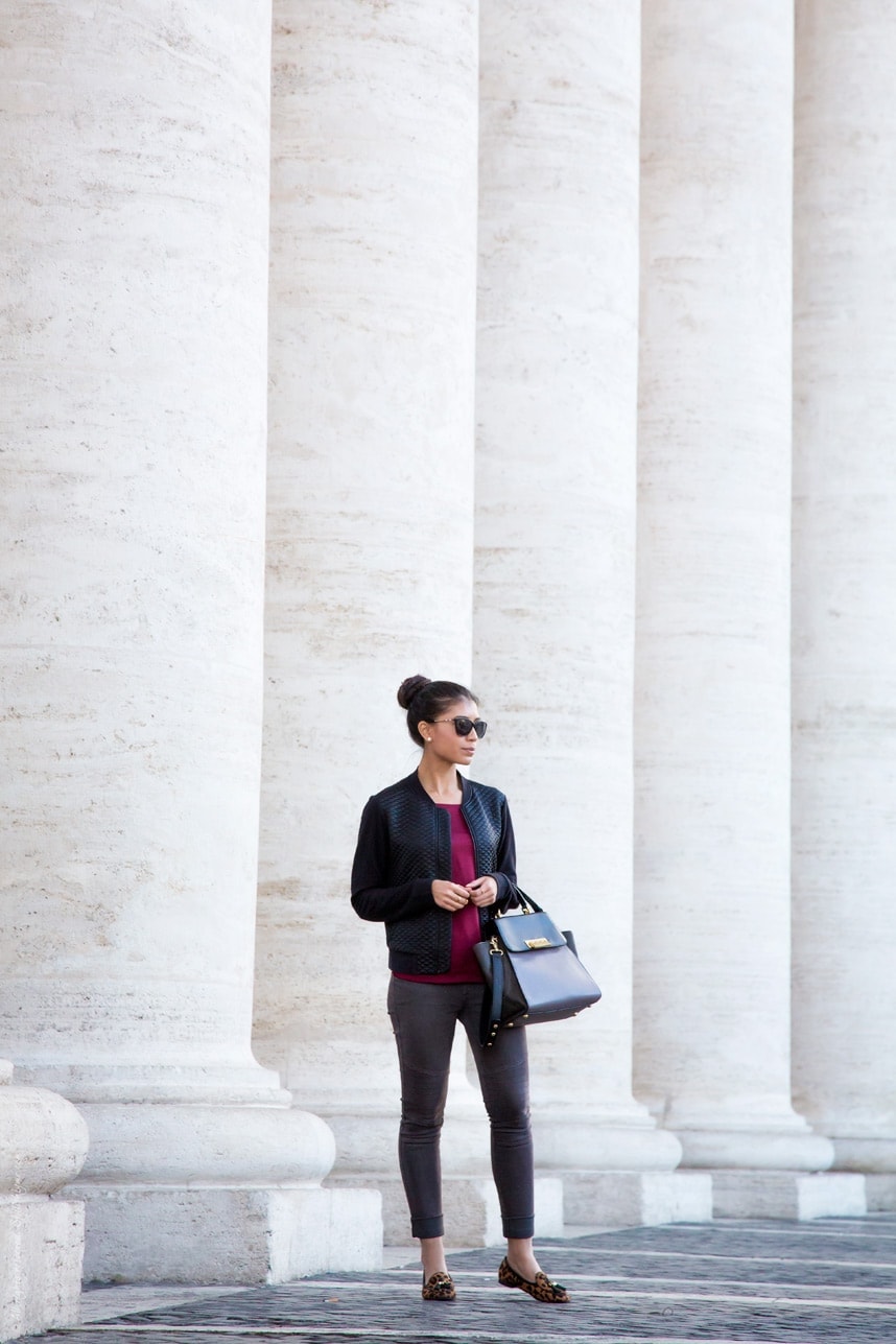 what to wear with leopard print shoes - burgundy and black outfit