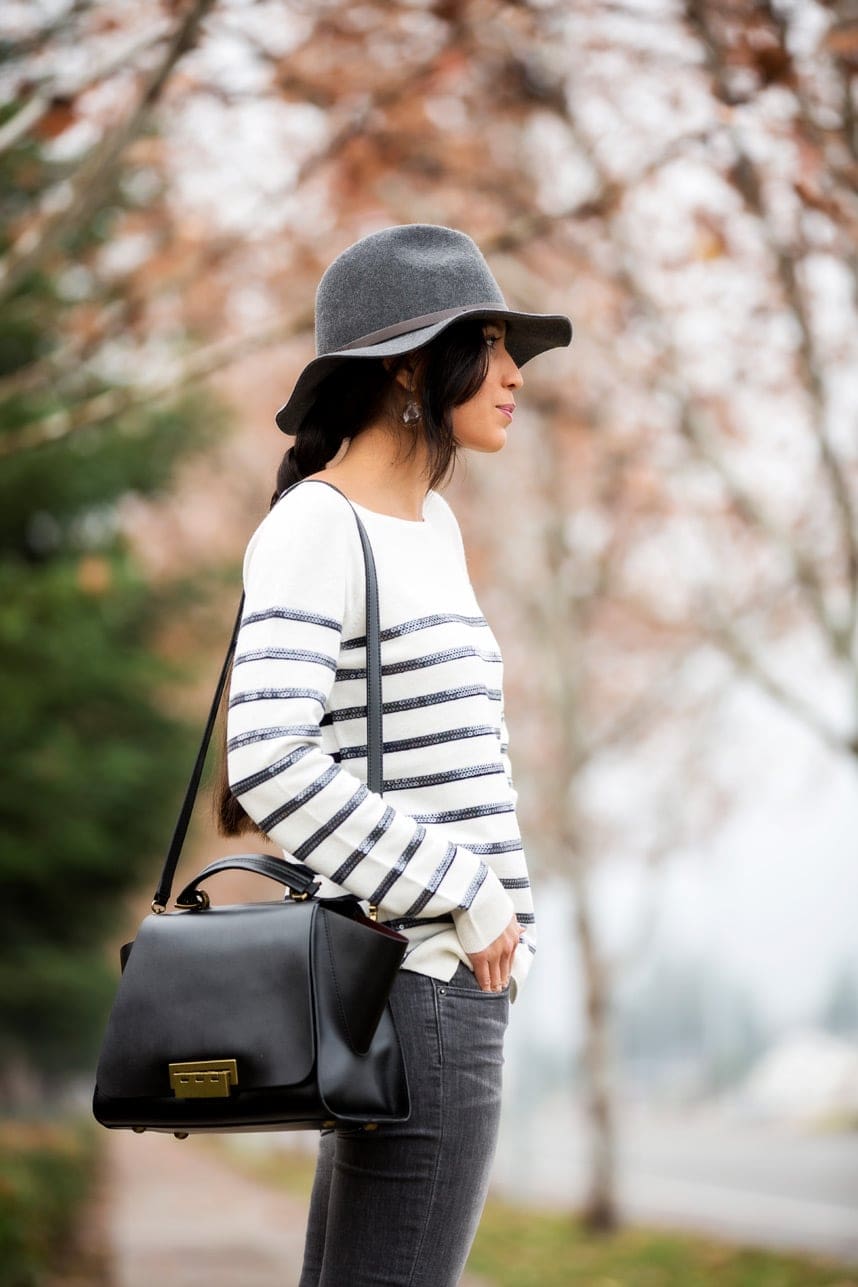 cute sequined striped sweater - Visit Stylishlyme.com to see read some tips on how to wear gray jeans and boots 