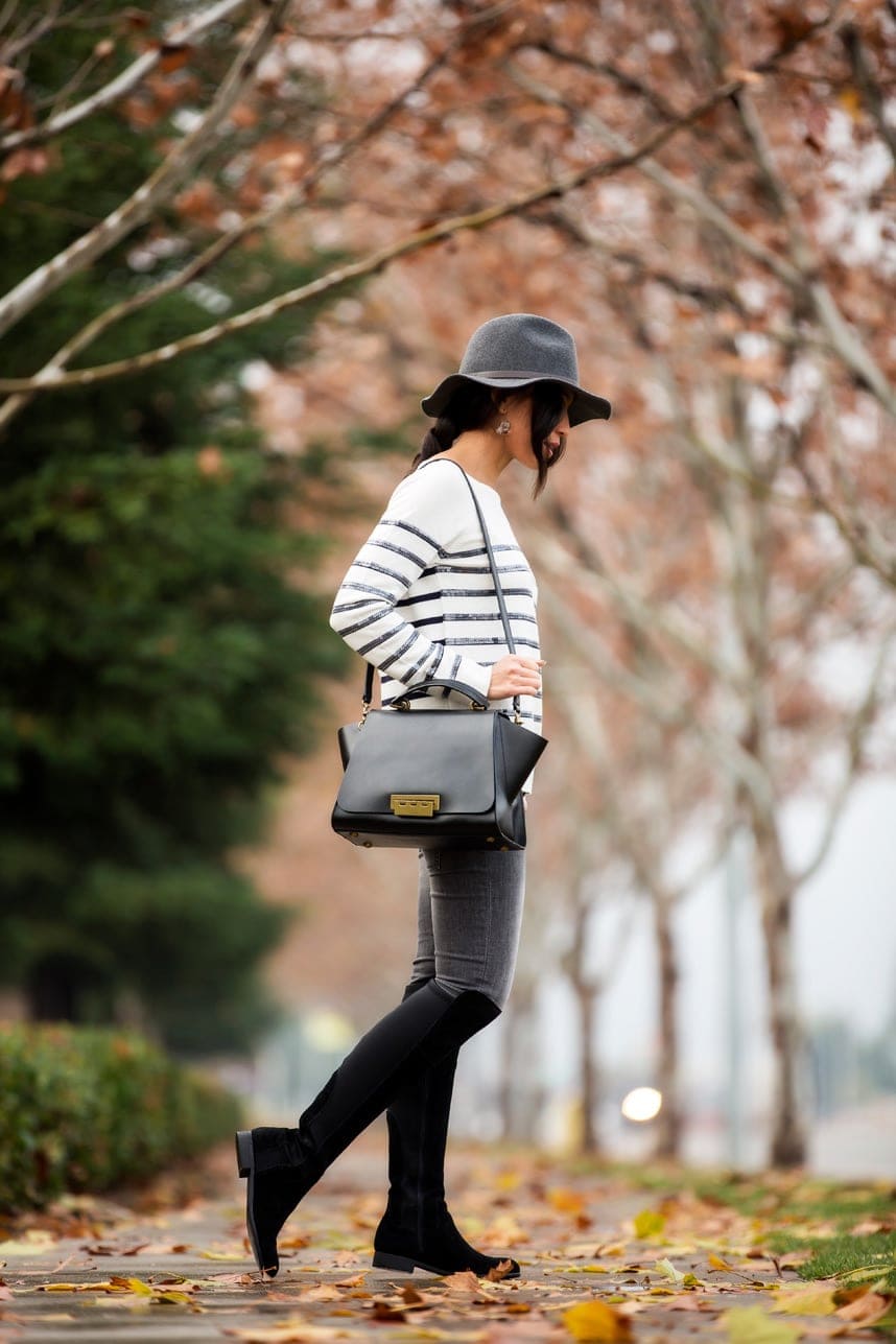 gray jeans and over the knee boots - Visit Stylishlyme.com to see read some tips on how to wear gray jeans and boots