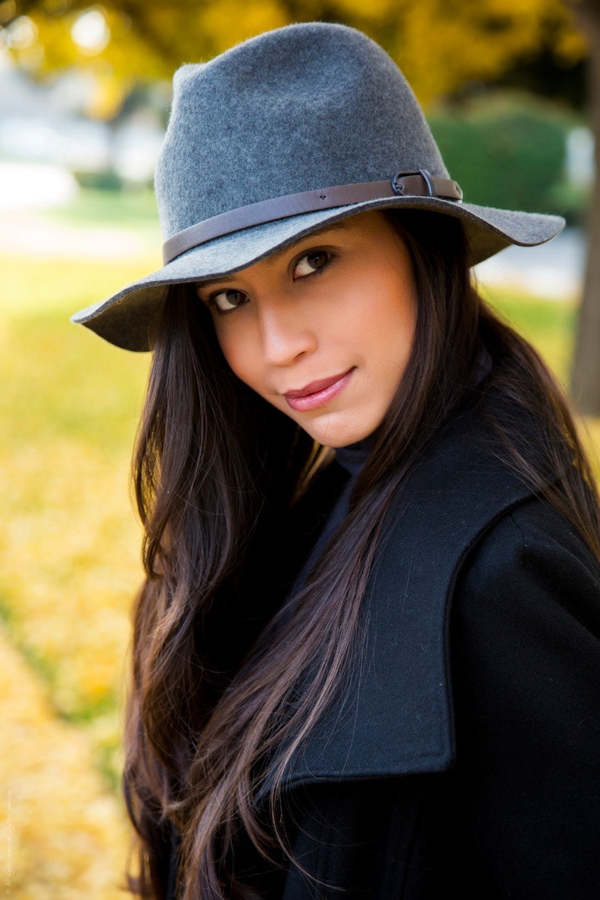 gray panama hat black coat - Stylishlyme