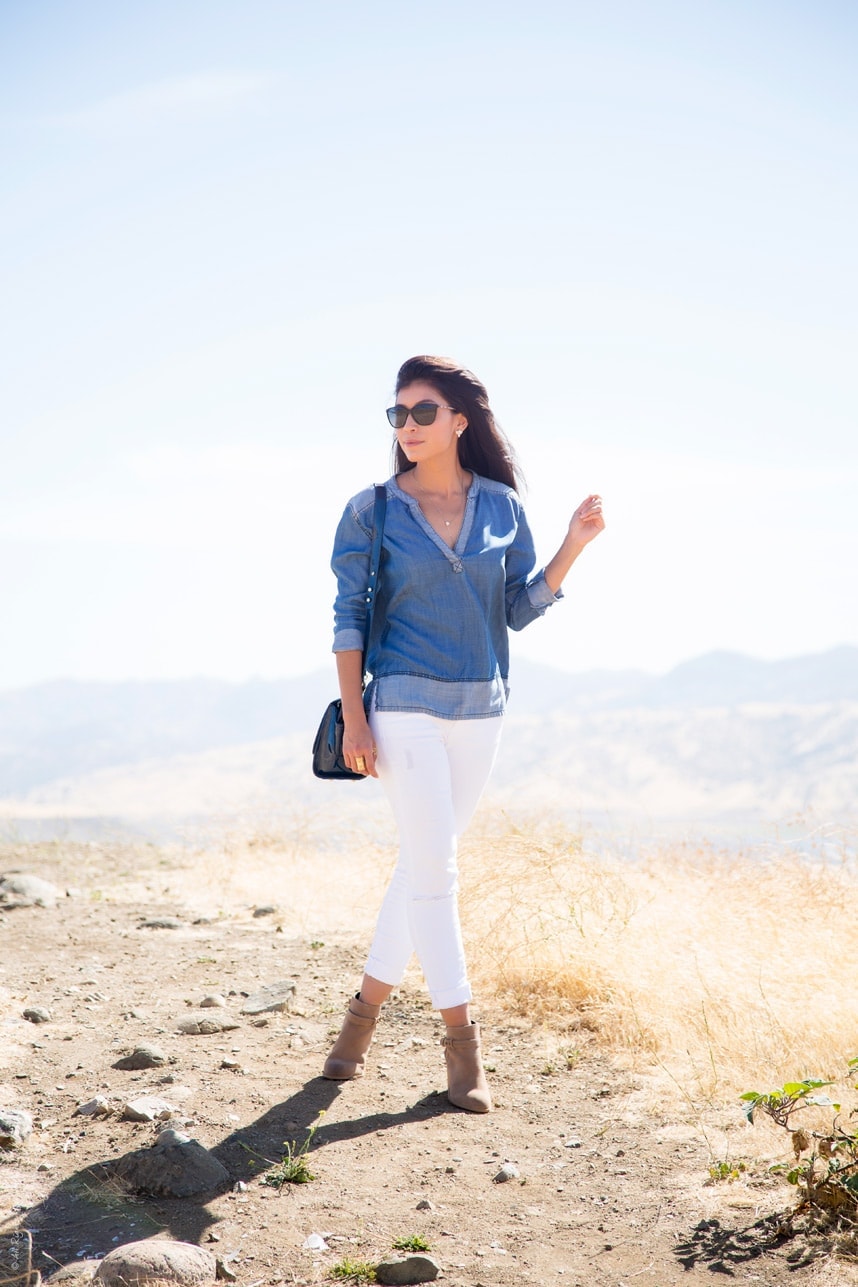 outfits with boots - brown boots and white jeans - Visit Stylishlyme.com to view more pics and read some tips on how to wear booties