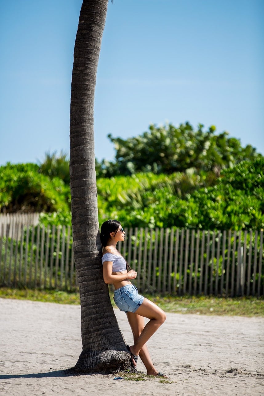 Wearing Denim Shorts to the Beach- visit stylishlyme.com to read more about off-the-shoulder swimwear and to view more photos